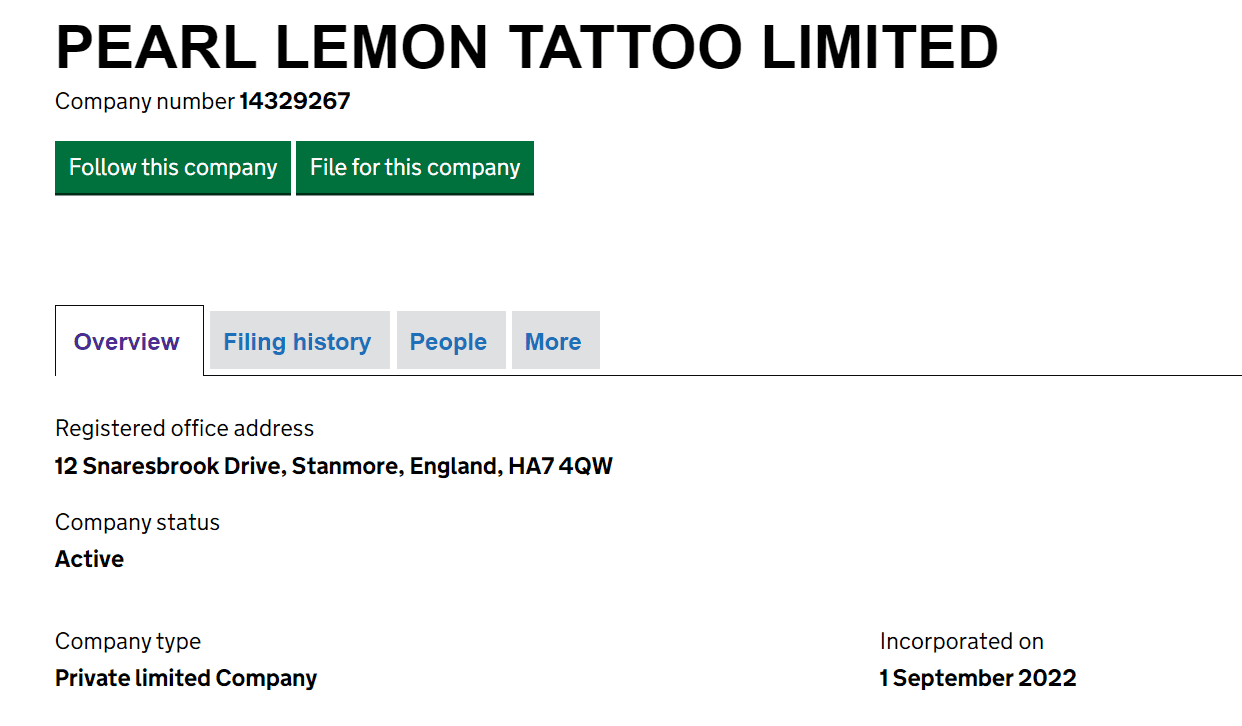 pearl lemon tattoo company register